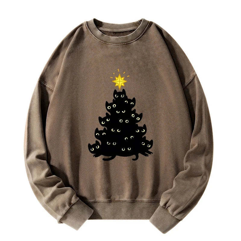 Tokyo-Tiger Black Cat Christmas Tree Washed Sweatshirt