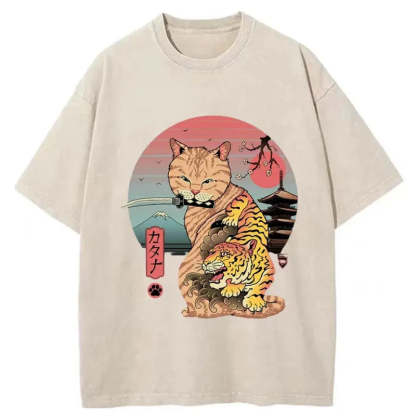 Tokyo-Tiger Katana Cat Tattoo Washed T-Shirt