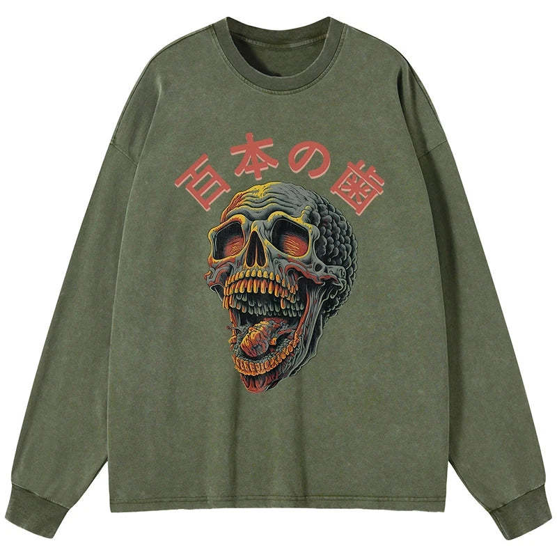 Tokyo-Tiger Terrifying And Disgusting Skull Washed Long Sleeve T-Shirt