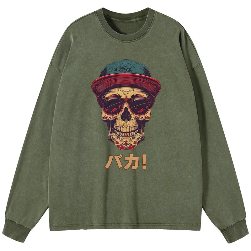 Tokyo-Tiger Fashion Skull Japanese Washed Long Sleeve T-Shirt