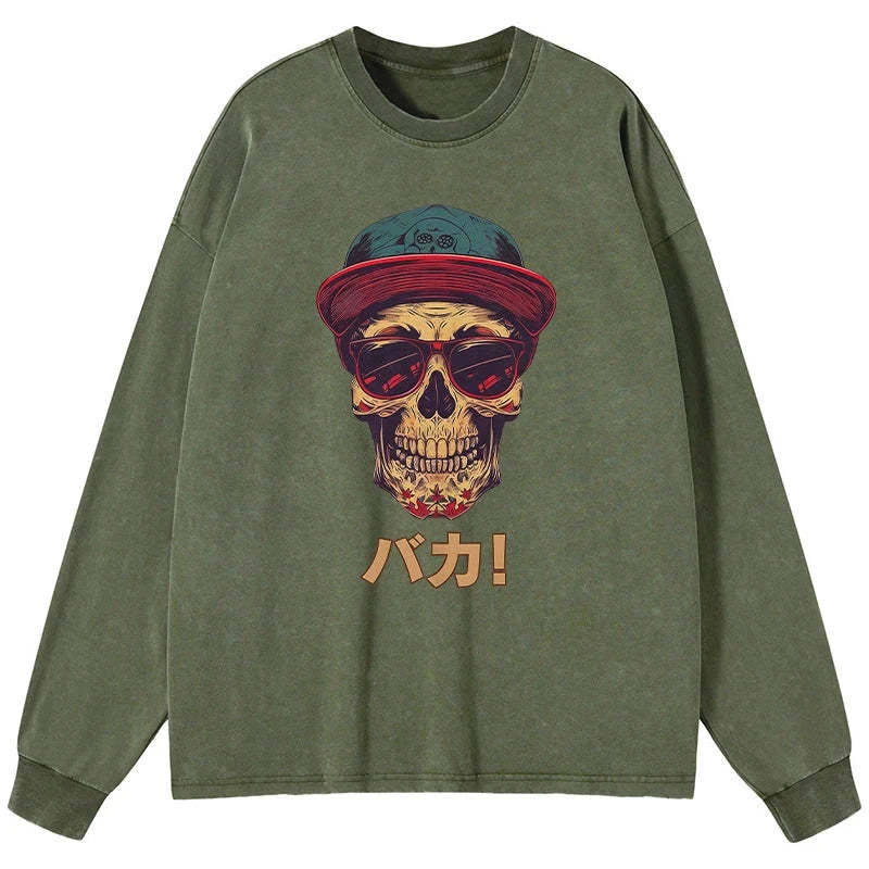 Tokyo-Tiger Fashion Skull Japanese Washed Long Sleeve T-Shirt Sale