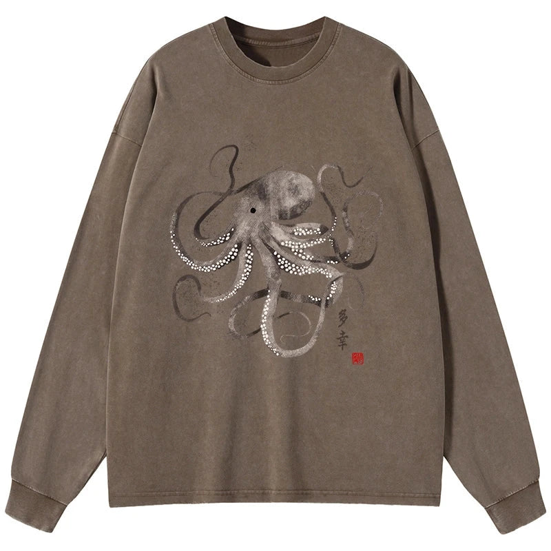 Tokyo-Tiger Octopus Japanese Calligraphy Washed Long Sleeve T-Shirt
