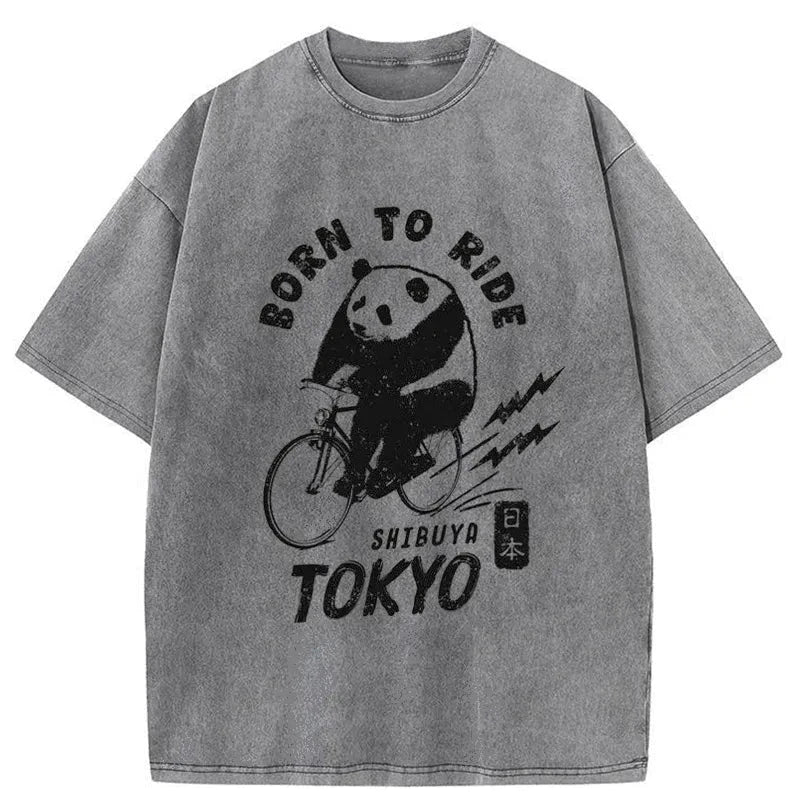 Tokyo-Tiger Pandas Ride Bicycles Washed T-Shirt