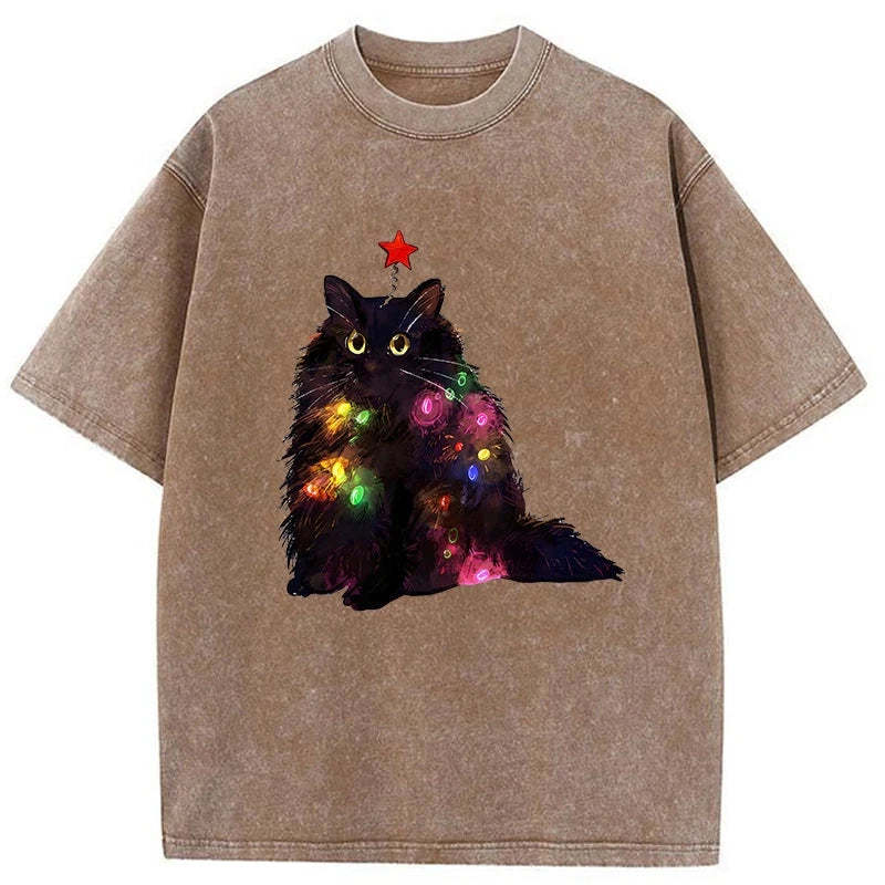 Tokyo-Tiger Christmas Lights Cat Washed T-Shirt