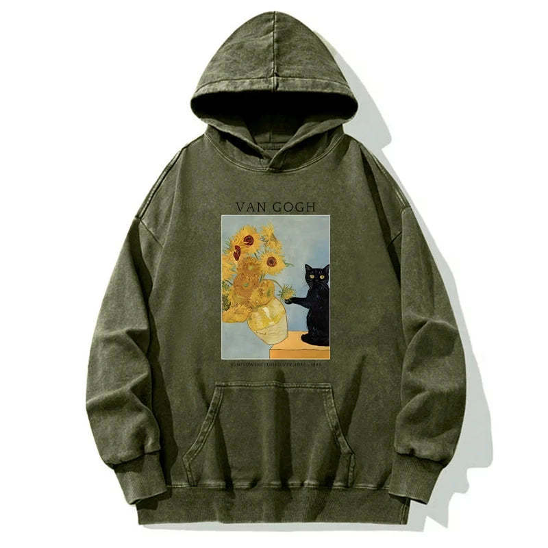 Tokyo-Tiger Black Cat With Sunflowers Washed Hoodie