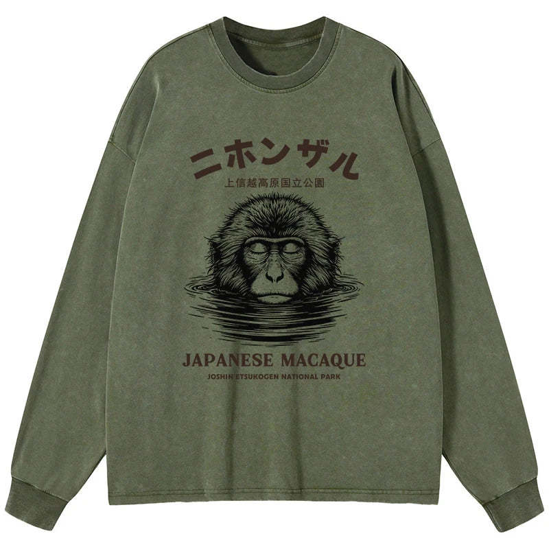 Tokyo-Tiger The Macaque Monkey In The Bath Japanese Washed Long Sleeve T-Shirt