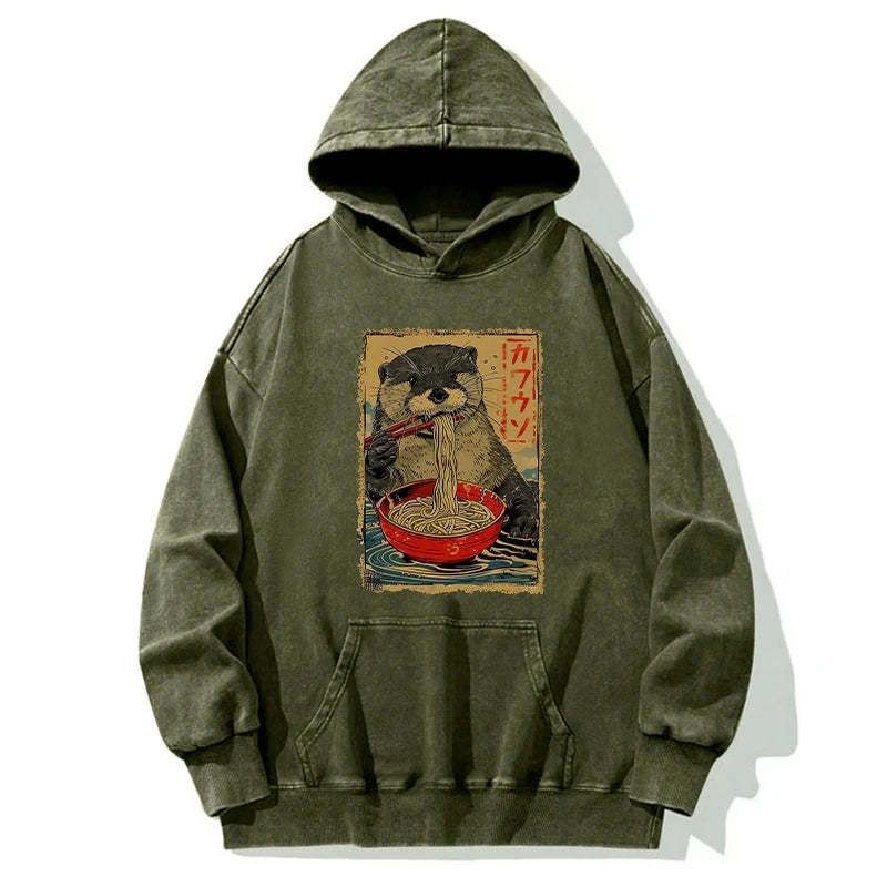 Tokyo-Tiger Otter Eating Ramen Japan Washed Hoodie