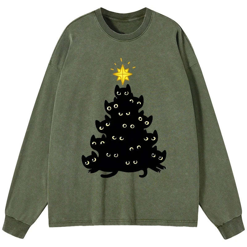 Tokyo-Tiger Black Cat Christmas Tree Washed Long Sleeve T-Shirt