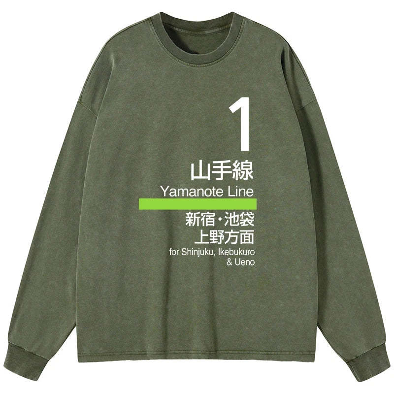 Tokyo-Tiger Tokyo Yamanote Line Platform Sign Washed Long Sleeve T-Shirt