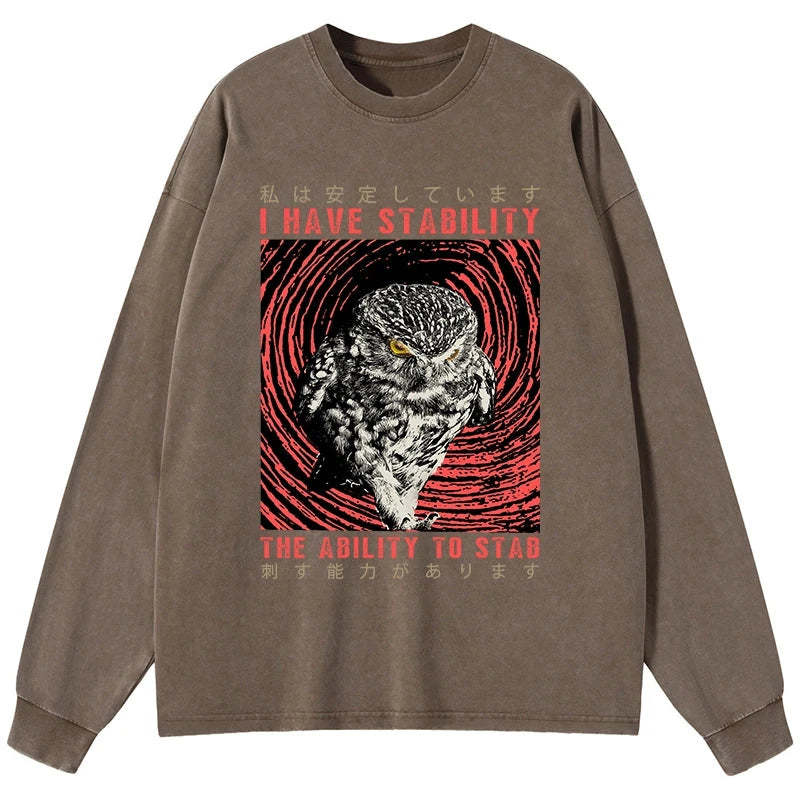 Tokyo-Tiger I Have Stability Owl Washed Long Sleeve T-Shirt