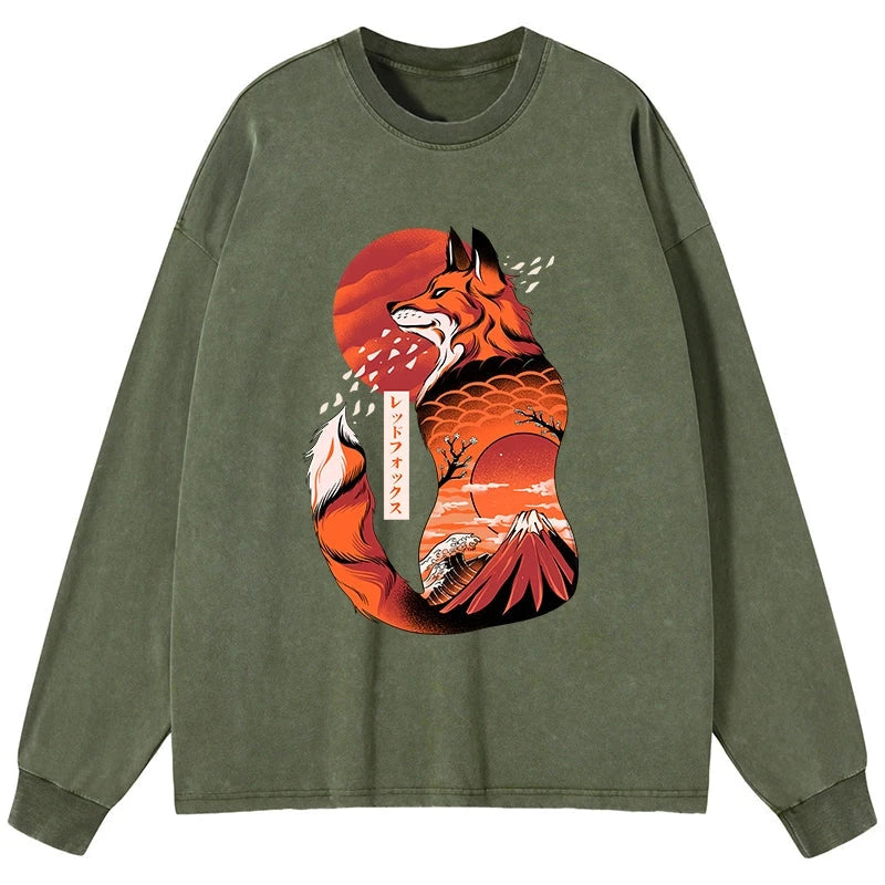 Tokyo-Tiger Japanese Fox KitsuneTattoo Washed Long Sleeve T-Shirt