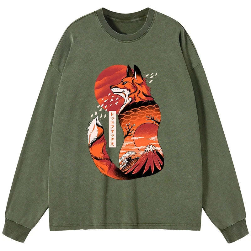 Tokyo-Tiger Japanese Fox KitsuneTattoo Washed Long Sleeve T-Shirt