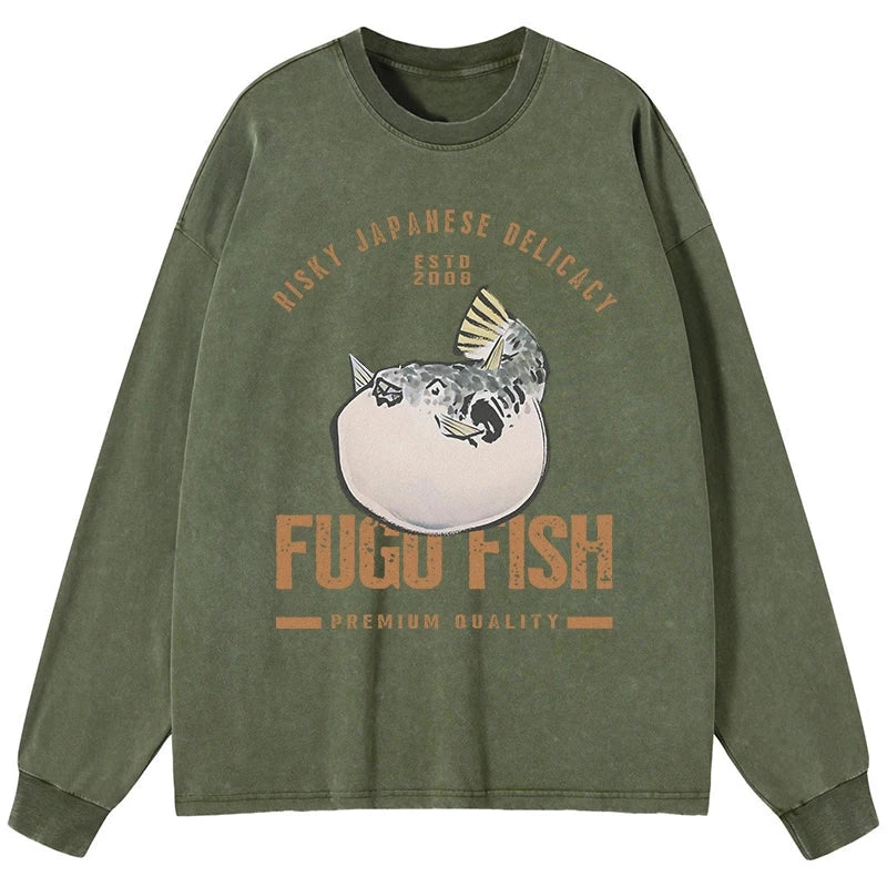 Tokyo-Tiger Fugu Fish Japanese Washed Long Sleeve T-Shirt