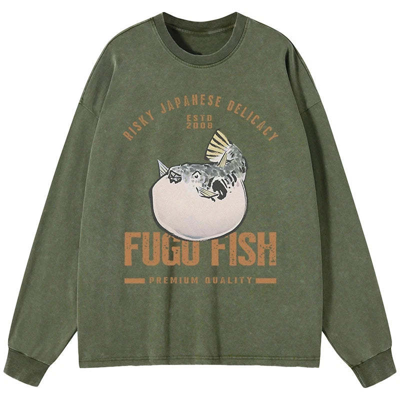 Tokyo-Tiger Fugu Fish Japanese Washed Long Sleeve T-Shirt