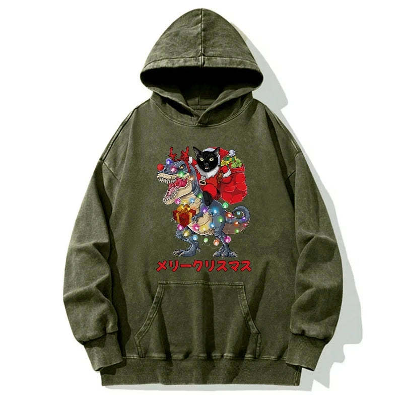 Tokyo-Tiger Cat Riding Dinosaur Christmas Washed Hoodie