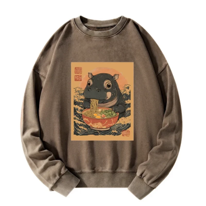 Tokyo-Tiger Moo Deng Eat Ramen Washed Sweatshirt