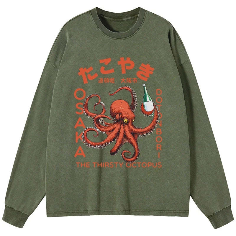 Tokyo-Tiger Octopus Drinks Soju Washed Long Sleeve T-Shirt Sale
