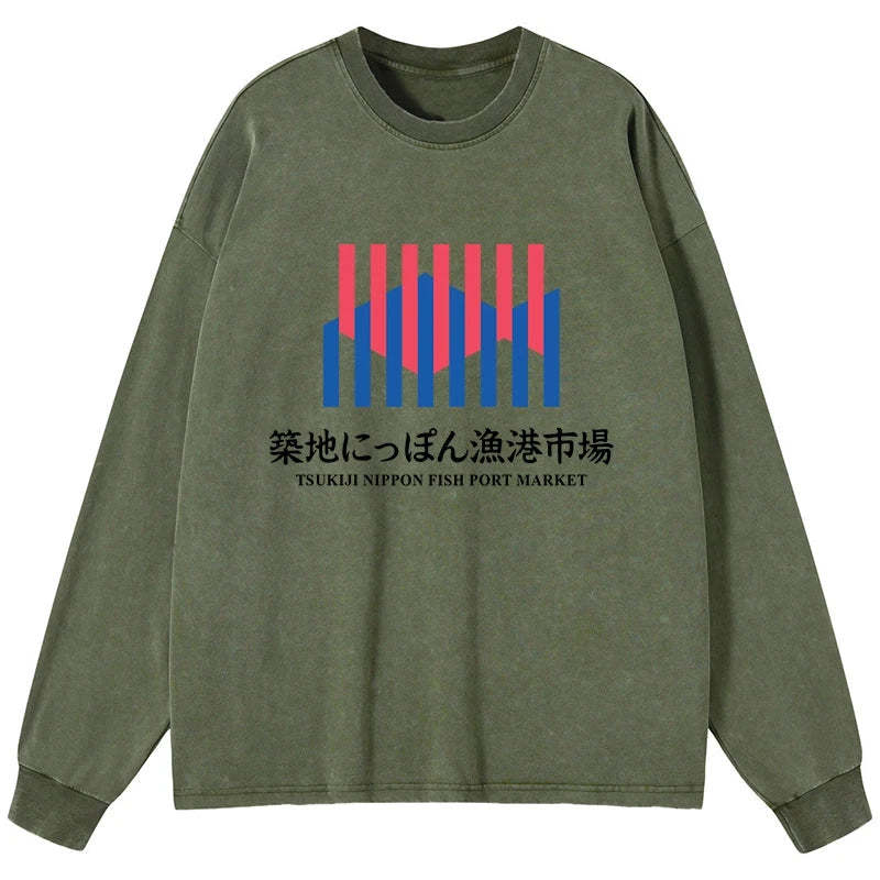 Tokyo-Tiger Tsukiji Nippon Fish Port Market Washed Long Sleeve T-Shirt