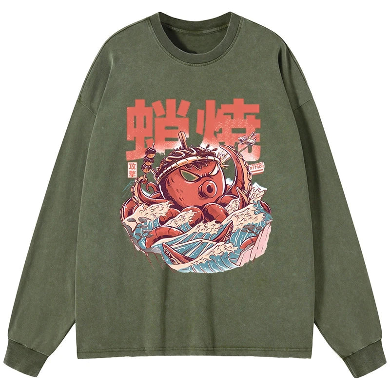 Tokyo-Tiger The Great Wave Takoyaki Japanese Washed Long Sleeve T-Shirt
