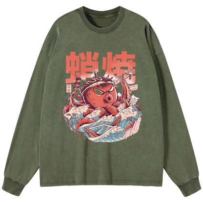 Tokyo-Tiger The Great Wave Takoyaki Japanese Washed Long Sleeve T-Shirt