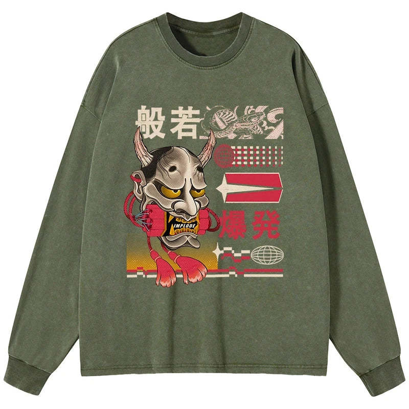 Tokyo-Tiger Hannya Mask Japanese Washed Long Sleeve T-Shirt