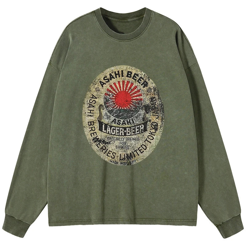 Tokyo-Tiger ASAHI BEER Japanese Washed Long Sleeve T-Shirt