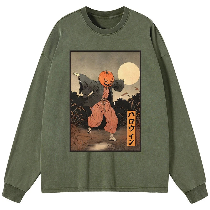 Tokyo-Tiger Japanese Pumpkin Monster Washed Long Sleeve T-Shirt