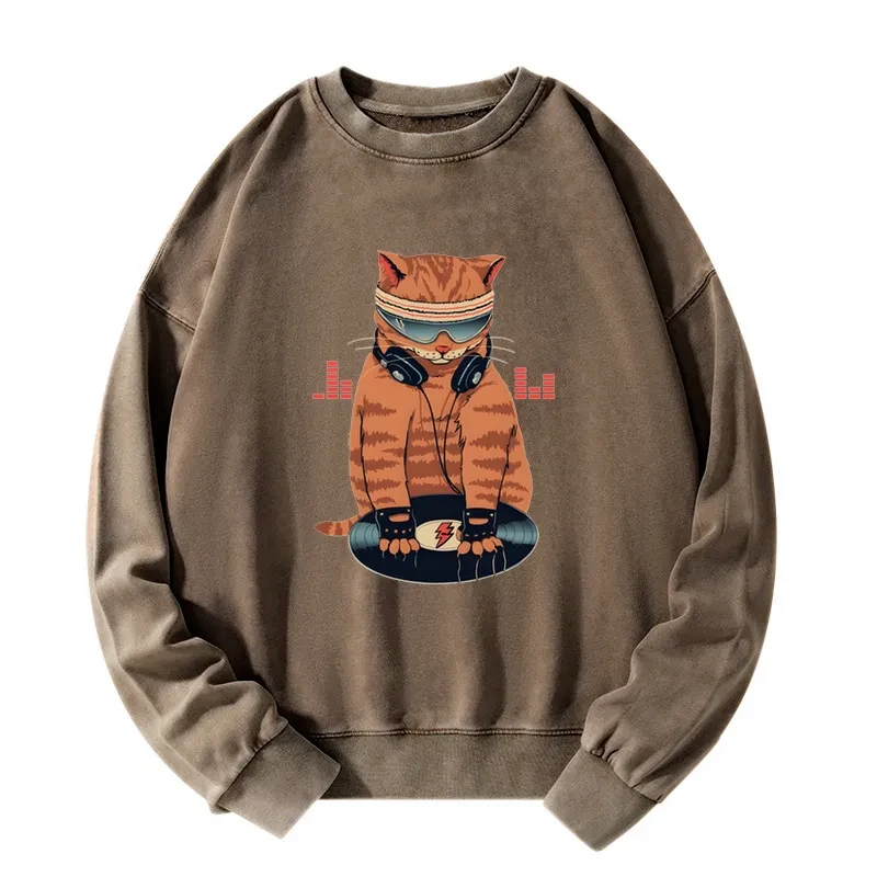 Tokyo-Tiger Funny Cat DJ Washed Sweatshirt