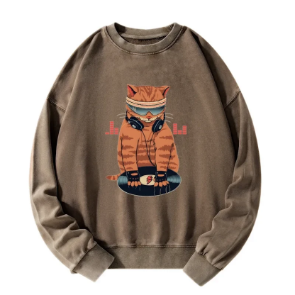 Tokyo-Tiger Funny Cat DJ Washed Sweatshirt