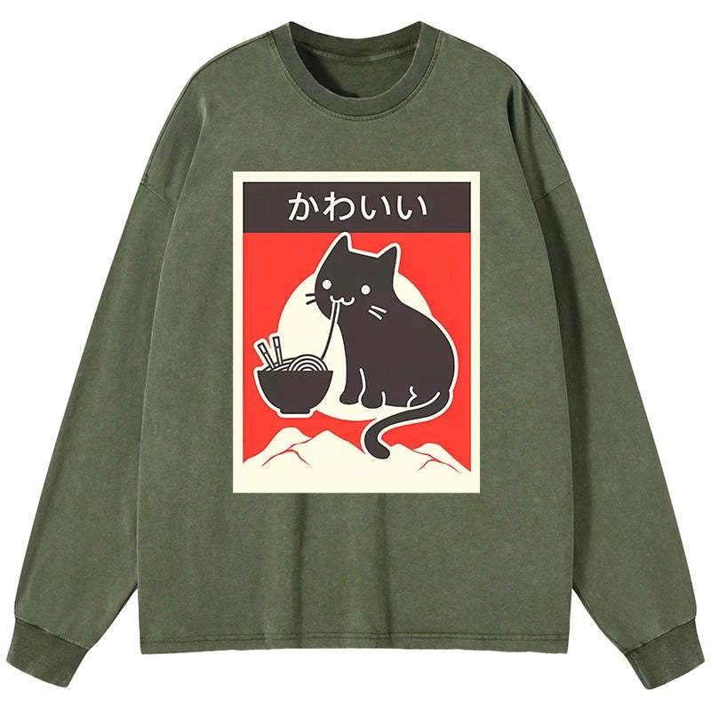 Tokyo-Tiger "Kawaii" Vintage Style Japenese Ramen Cat Washed Long Sleeve T-Shirt-tokyo-tiger