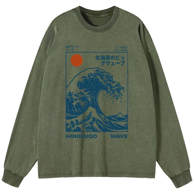 Tokyo-Tiger Hokkaido Wave Japan Washed Long Sleeve T-Shirt Sale