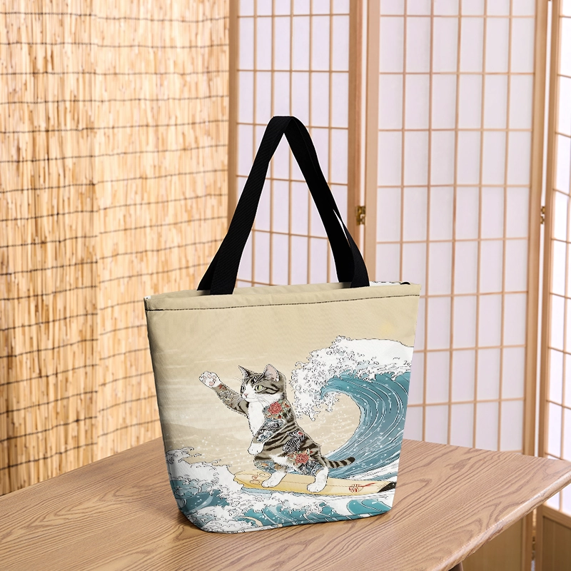 Tokyo-Tiger Cat Surfing Zipper Tote Bag