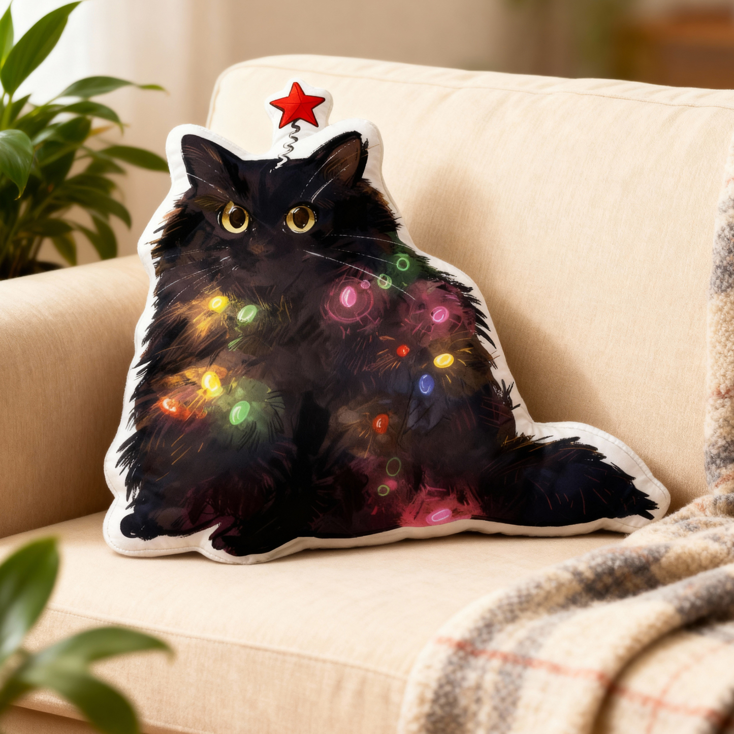 Tokyo-Tiger Christmas Lights Cat Shaped Throw Pillow
