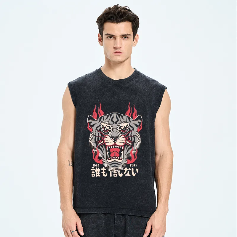 Tokyo-Tiger Japanese Tiger Flaming Fire Cotton Washed Tank