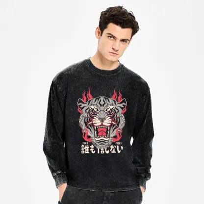 Tokyo-Tiger Retro Tiger Japanese Washed Long Sleeve T-Shirt