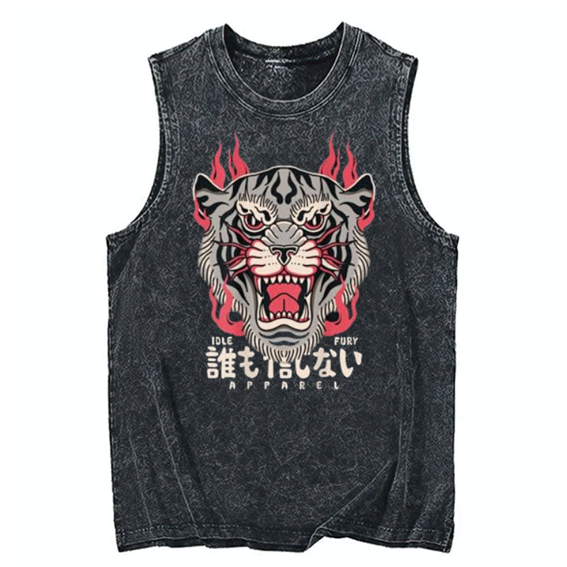Tokyo-Tiger Japanese Tiger Flaming Fire Cotton Washed Tank