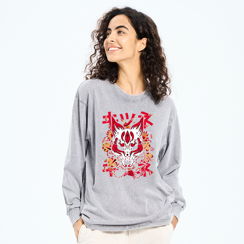 Tokyo-Tiger Japanese Kitsune Mask Washed Long Sleeve T-Shirt