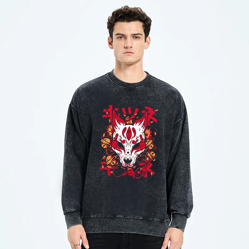 Tokyo-Tiger Japanese Kitsune Mask Washed Sweatshirt