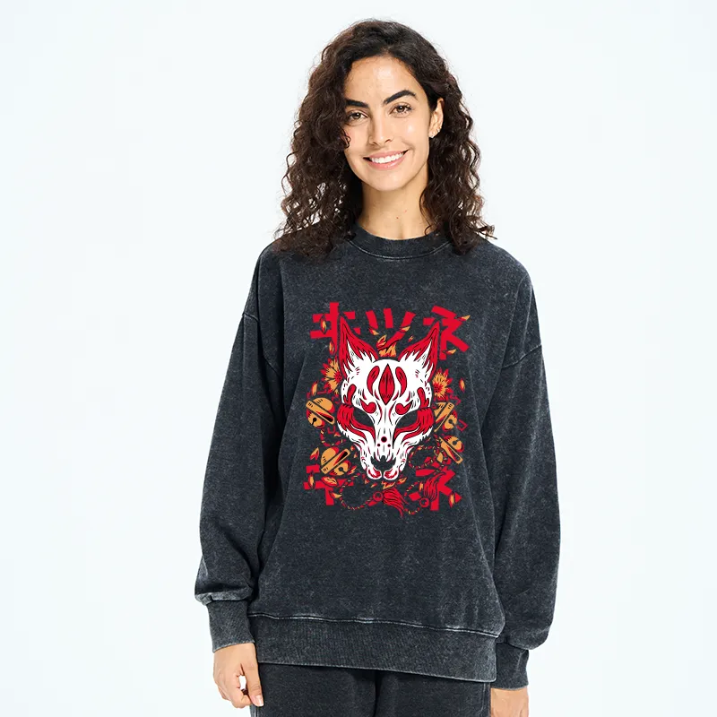 Tokyo-Tiger Japanese Kitsune Mask Washed Sweatshirt