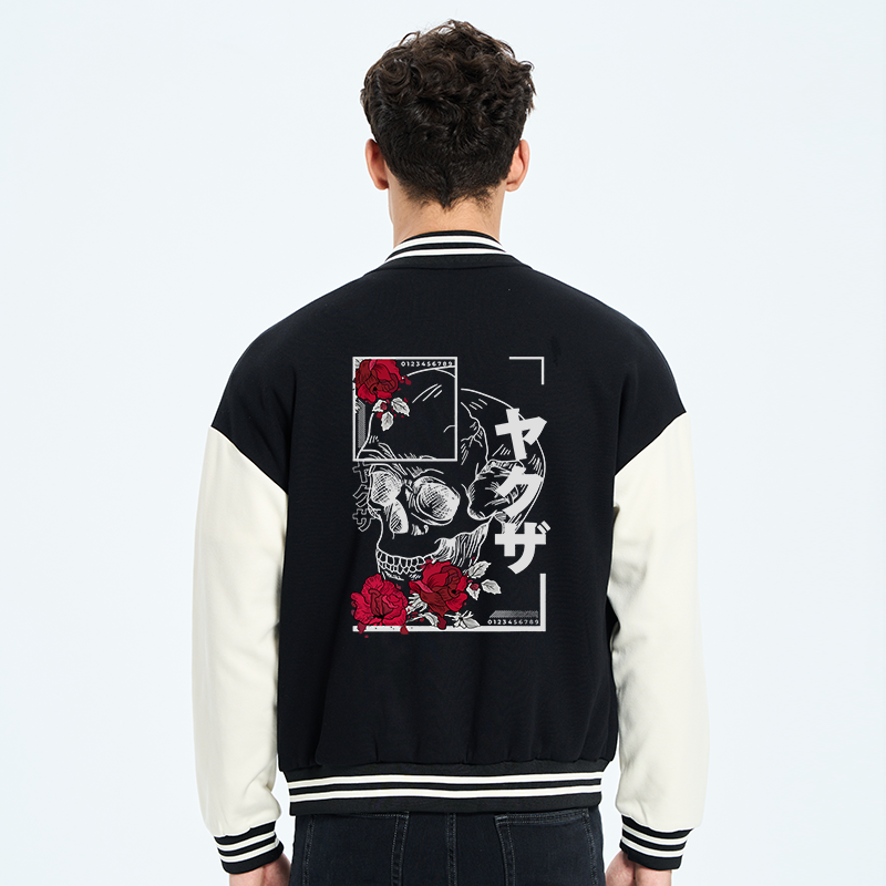 Tokyo-Tiger Skull Roses Japanese Aesthetic Embroidery Varsity Jacket