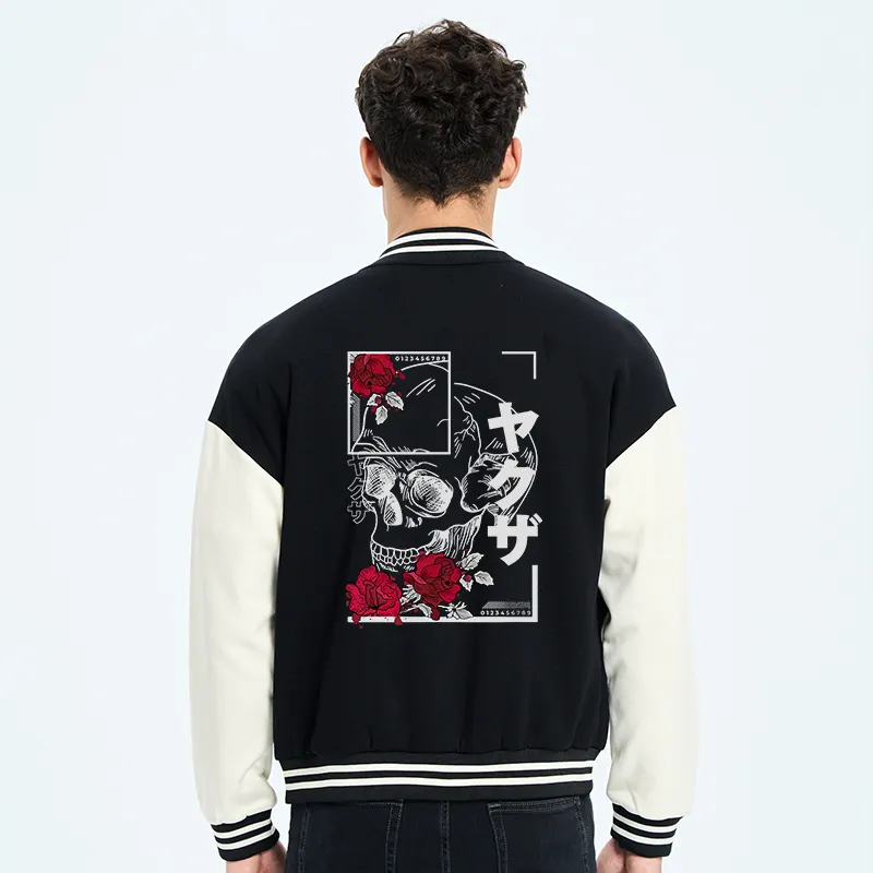 Tokyo-Tiger Skull Roses Japanese Aesthetic Embroidery Varsity Jacket