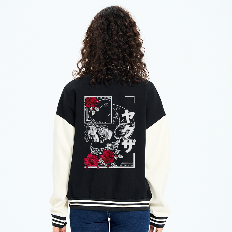 Tokyo-Tiger Skull Roses Japanese Aesthetic Embroidery Varsity Jacket