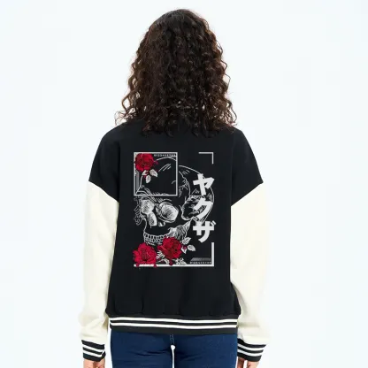 Tokyo-Tiger Skull Roses Japanese Aesthetic Embroidery Varsity Jacket