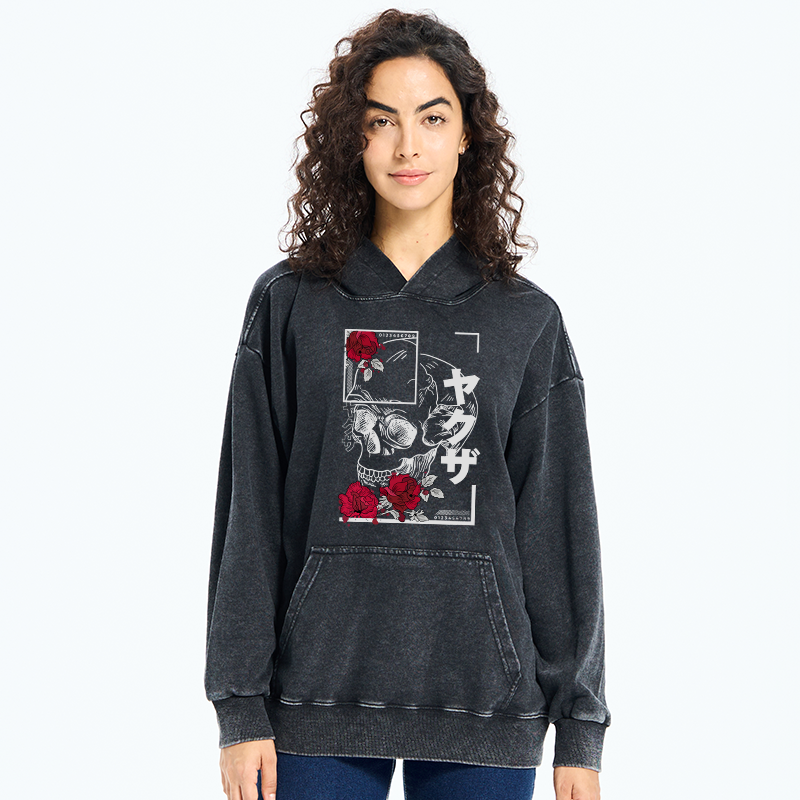 Tokyo-Tiger Skull Roses Japanese Aesthetic Washed Hoodie