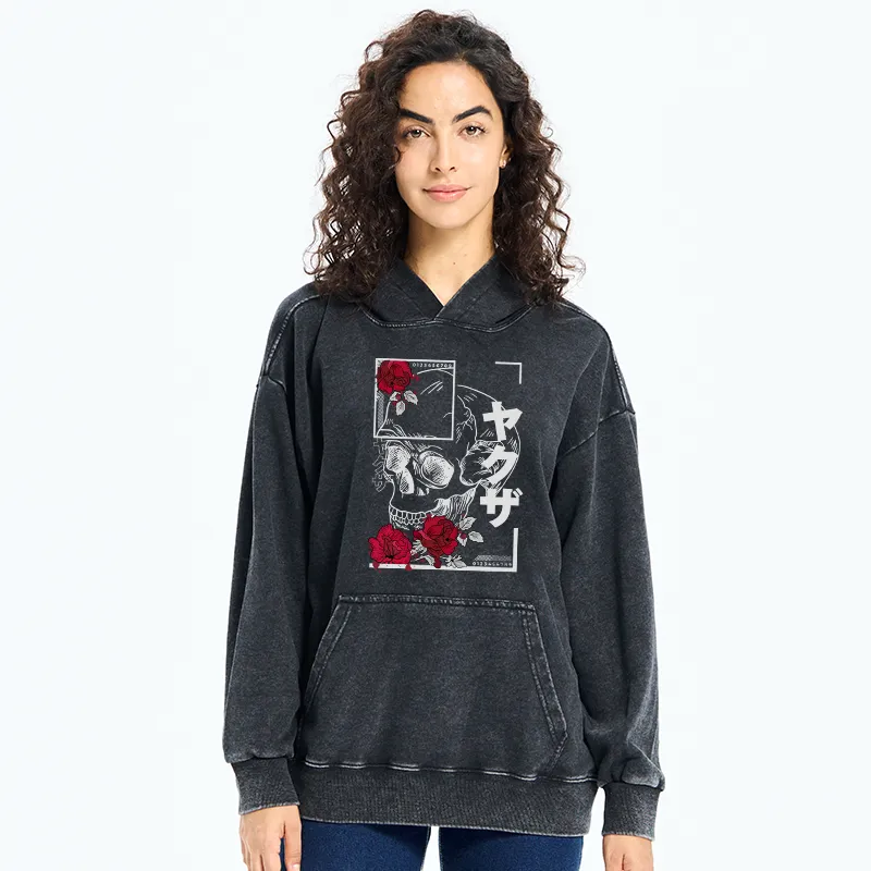 Tokyo-Tiger Skull Roses Japanese Aesthetic Washed Hoodie