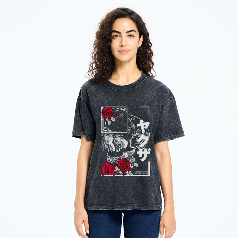 Tokyo-Tiger Skull Roses Japanese Washed T-Shirt