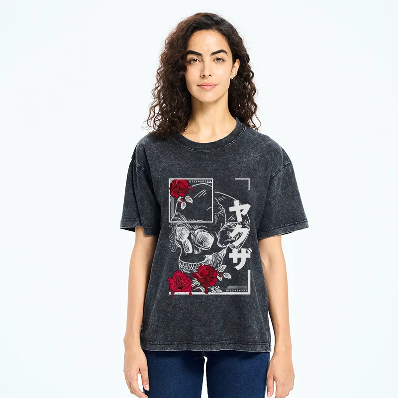 Tokyo-Tiger Skull Roses Japanese Washed T-Shirt