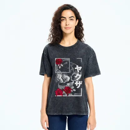 Tokyo-Tiger Skull Roses Japanese Washed T-Shirt