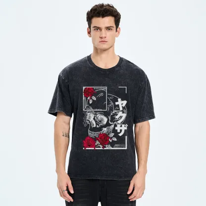 Tokyo-Tiger Skull Roses Japanese Washed T-Shirt