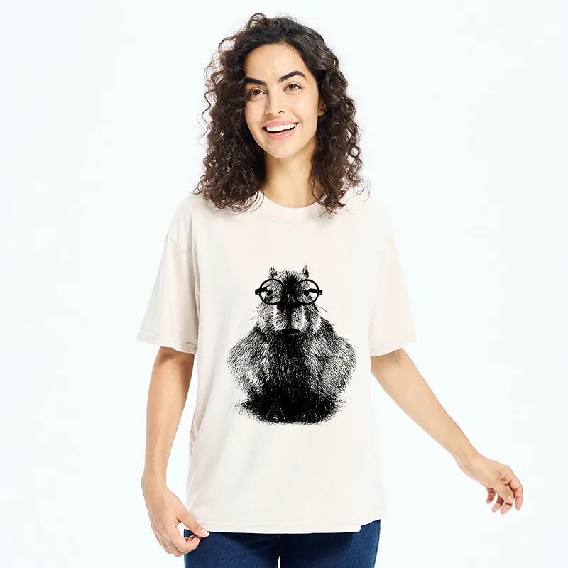 Tokyo-Tiger Smart Capybara With Glasses Washed T-Shirt